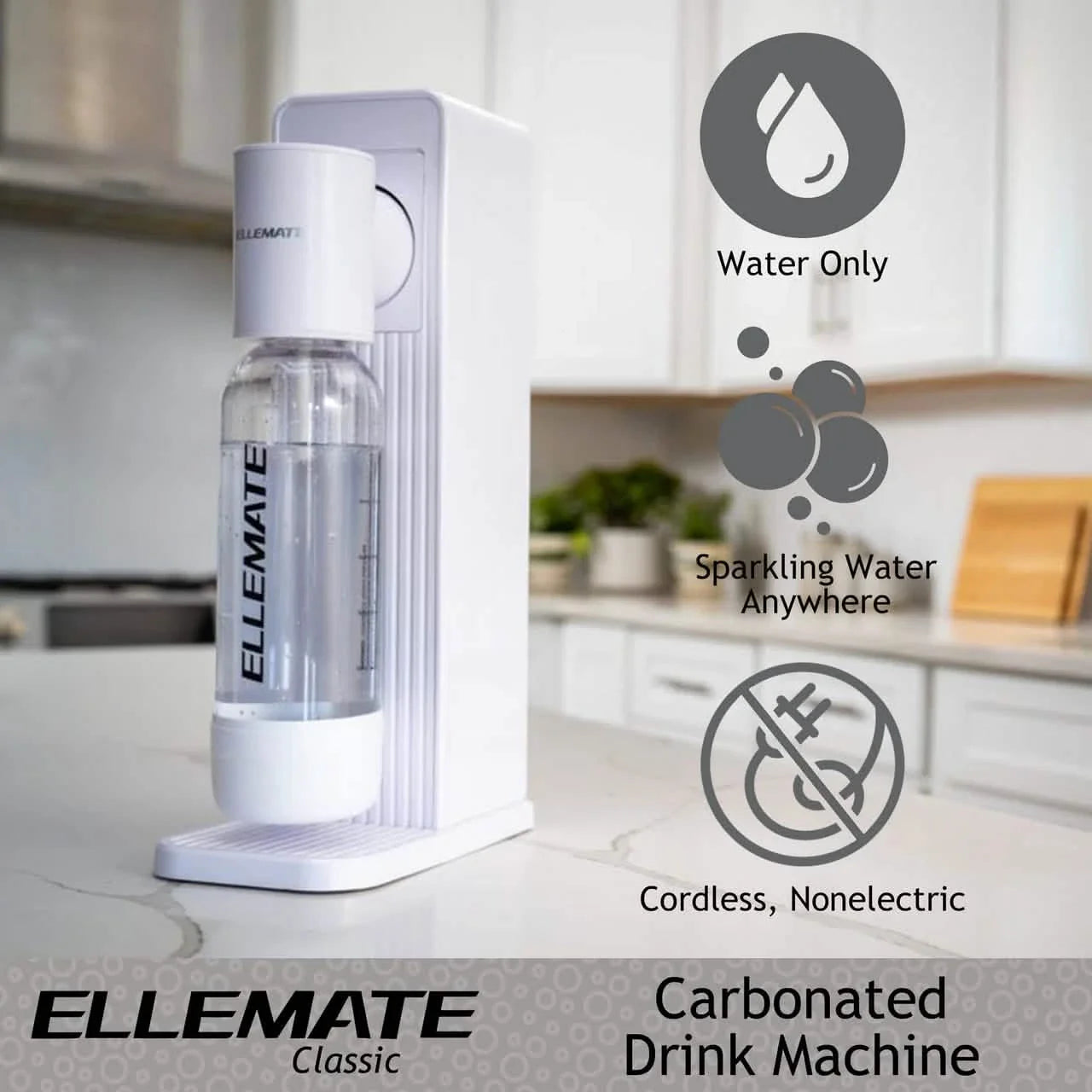 Machine à soda classique Ellemate, eau gazeuse avec technologie de gazéification à une touche, carbonatation sans fil pour une eau pétillante