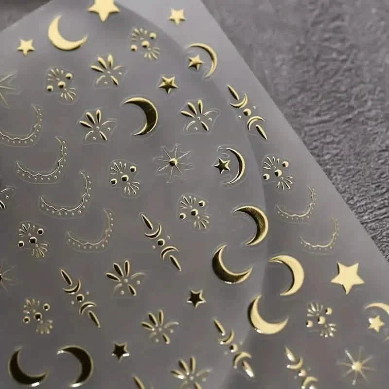 Autocollants d'ongles en relief, motifs étoiles et lunes en trois dimensions