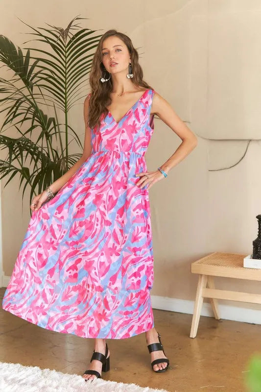 Nouvelle Robe Longue Fleurie Abstraite Col V d'Été – Imprimé Artistique, Silhouette Flatteuse, Glamour Sophistiqué