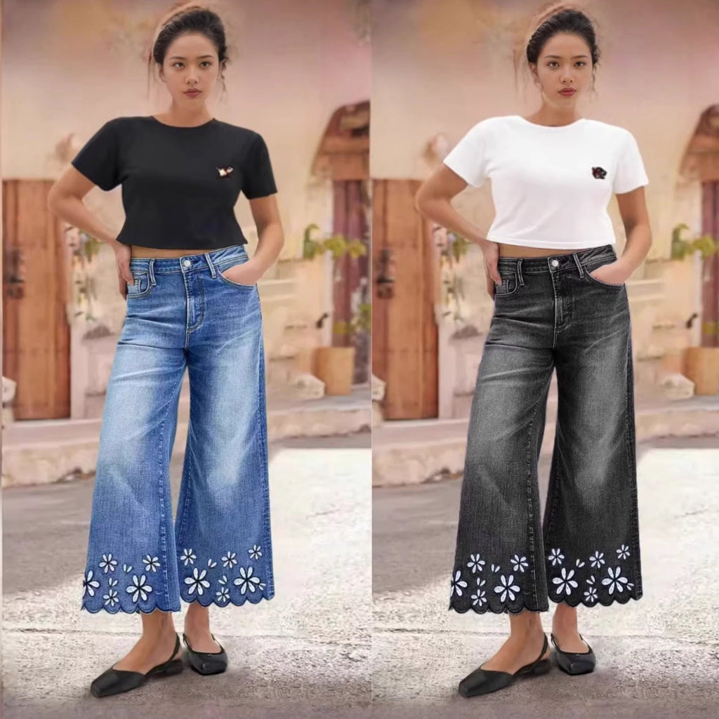 Jean en denim brodé de chrysanthèmes – Coupe droite ample pour femme