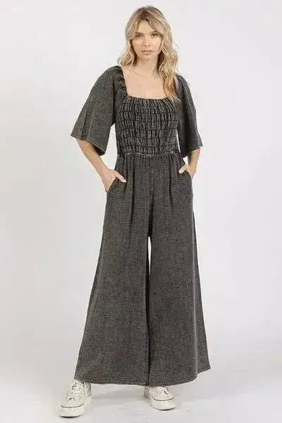 Combinaison Jumpsuit en Gaze Lavée Minérale - Barboteuse Ample Froncée à Jambes Larges | Femstylo