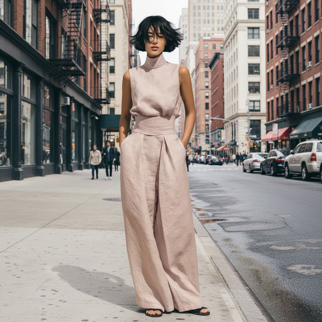 Ensemble deux pièces en coton et lin pour femme – Haut sans manches et pantalon large