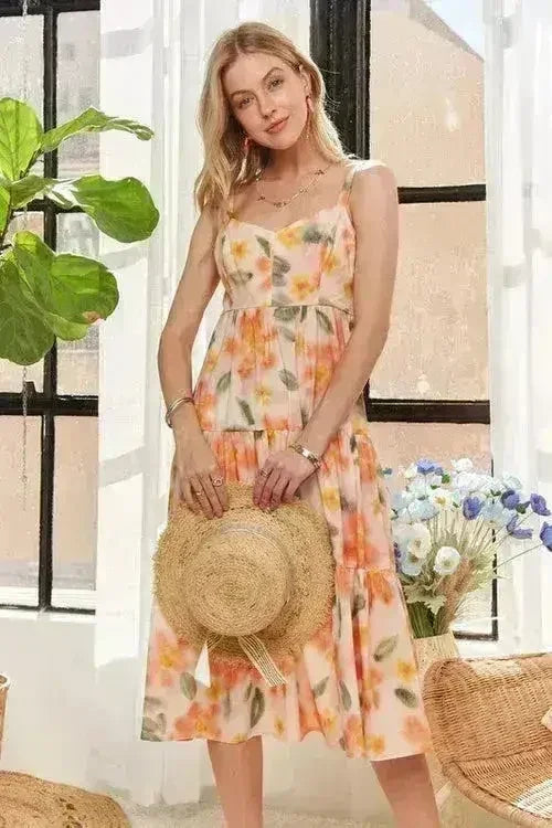 Robe mi-longue ADORA à dos smocké et bretelles réglables