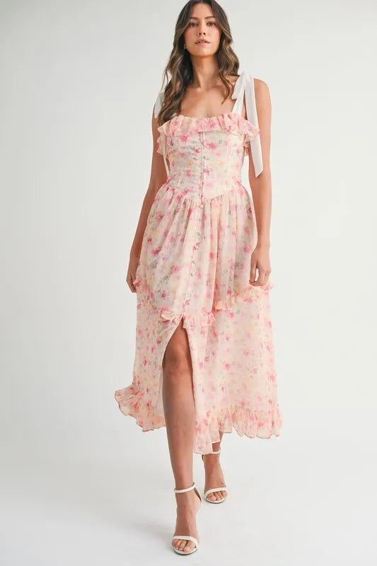Robe Midi Imprimé Floral à Bretelles Pour Femme – Robe Midi Fleurie, Robe à Bretelles, Robe Midi Volants, Robe Fleurie Féminine, Robe de Soirée Élégante