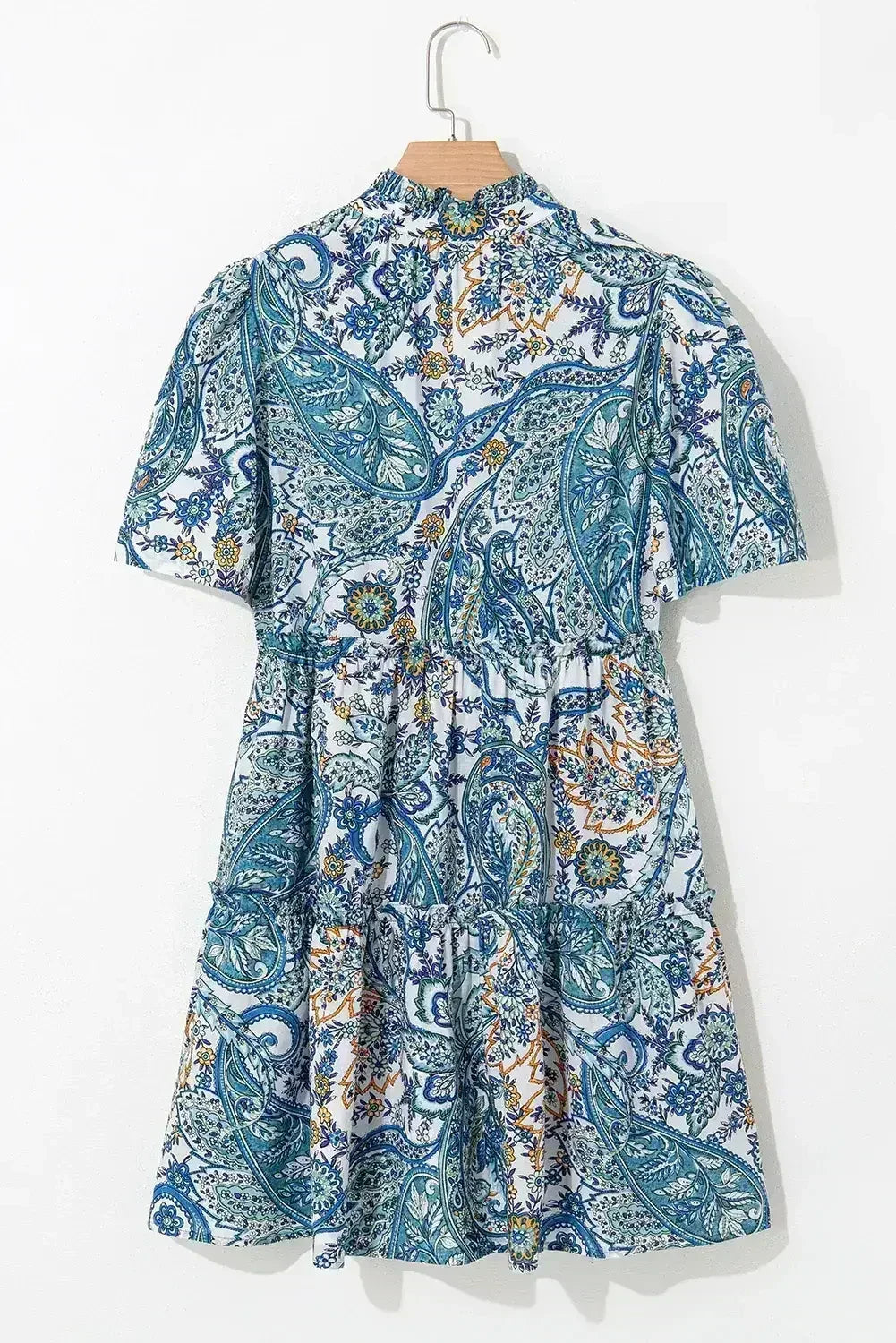 Robe courte bleue bohème à imprimé cachemire floral, col en V et manches bouffantes