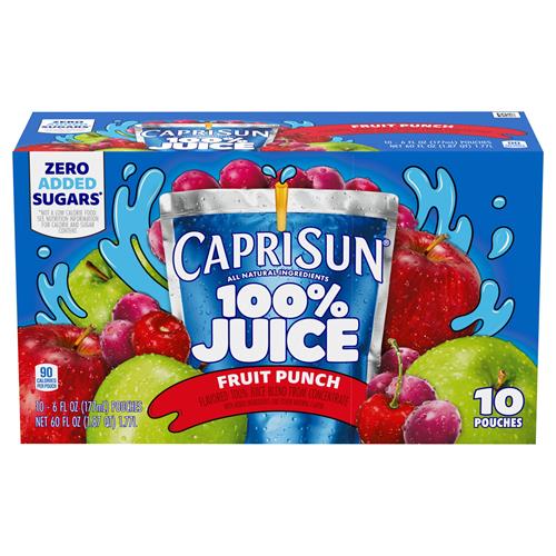 Capri Sun Boisson Jus à 100 % Goût punch aux fruits Mélange de jus entièrement naturel à base de concentré avec ingrédients ajoutés et autres arômes naturels, boîte de 10 unités, sachets de 177 ml