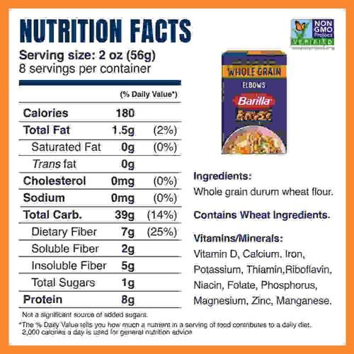 Pâtes Barilla Coudes Blé Entier, boîte de 450 g - Pâtes sans OGM faites avec 100 % de blé dur entier - Excellente source de fibres