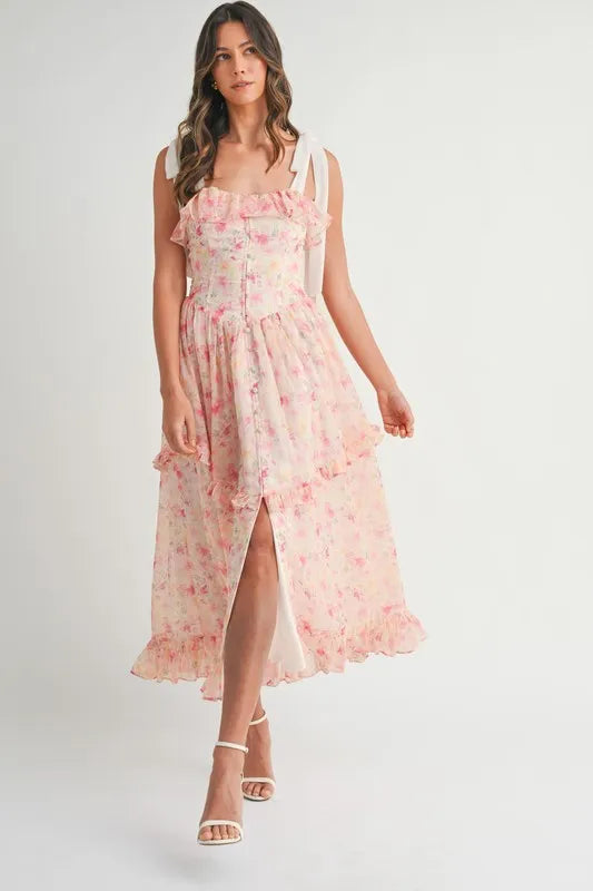 Robe Midi Imprimé Floral à Bretelles Pour Femme – Robe Midi Fleurie, Robe à Bretelles, Robe Midi Volants, Robe Fleurie Féminine, Robe de Soirée Élégante