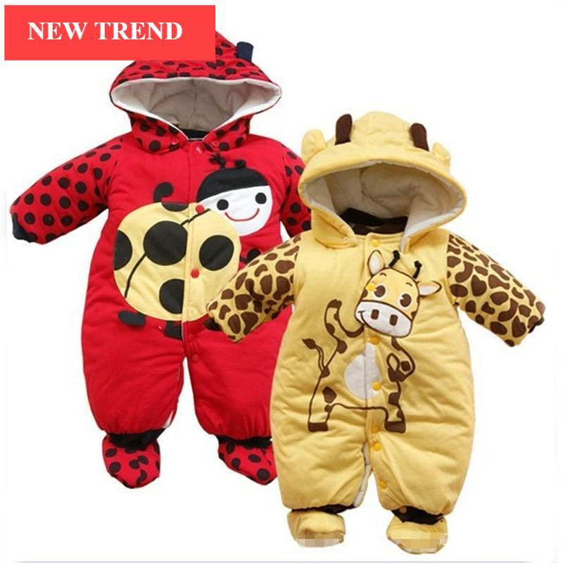 Grenouillères d'automne et d'hiver chaudes pour bébés filles garçons, combinaisons à capuche épaisses et mignonnes en dessin animé pour bébés au design moderne