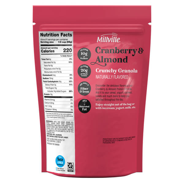 Muesli croquant aux protéines Millville, canneberges et amandes, 312 g