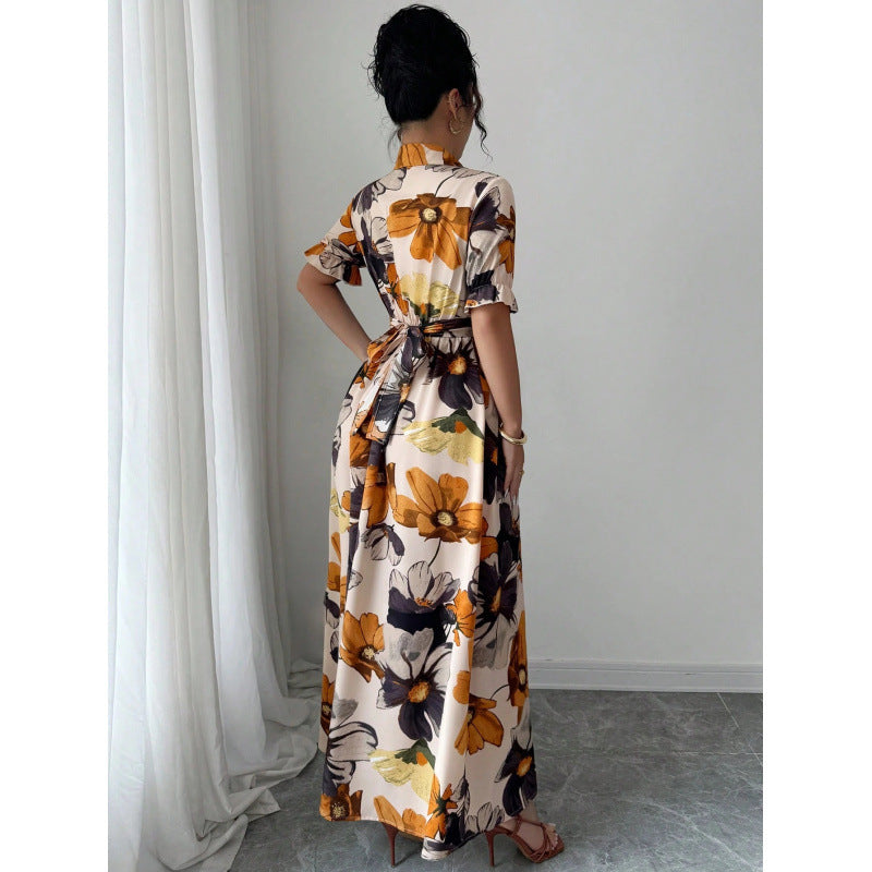 Robe pour femme à manches bouffantes imprimées – Col chemisier et taille nouée croisée