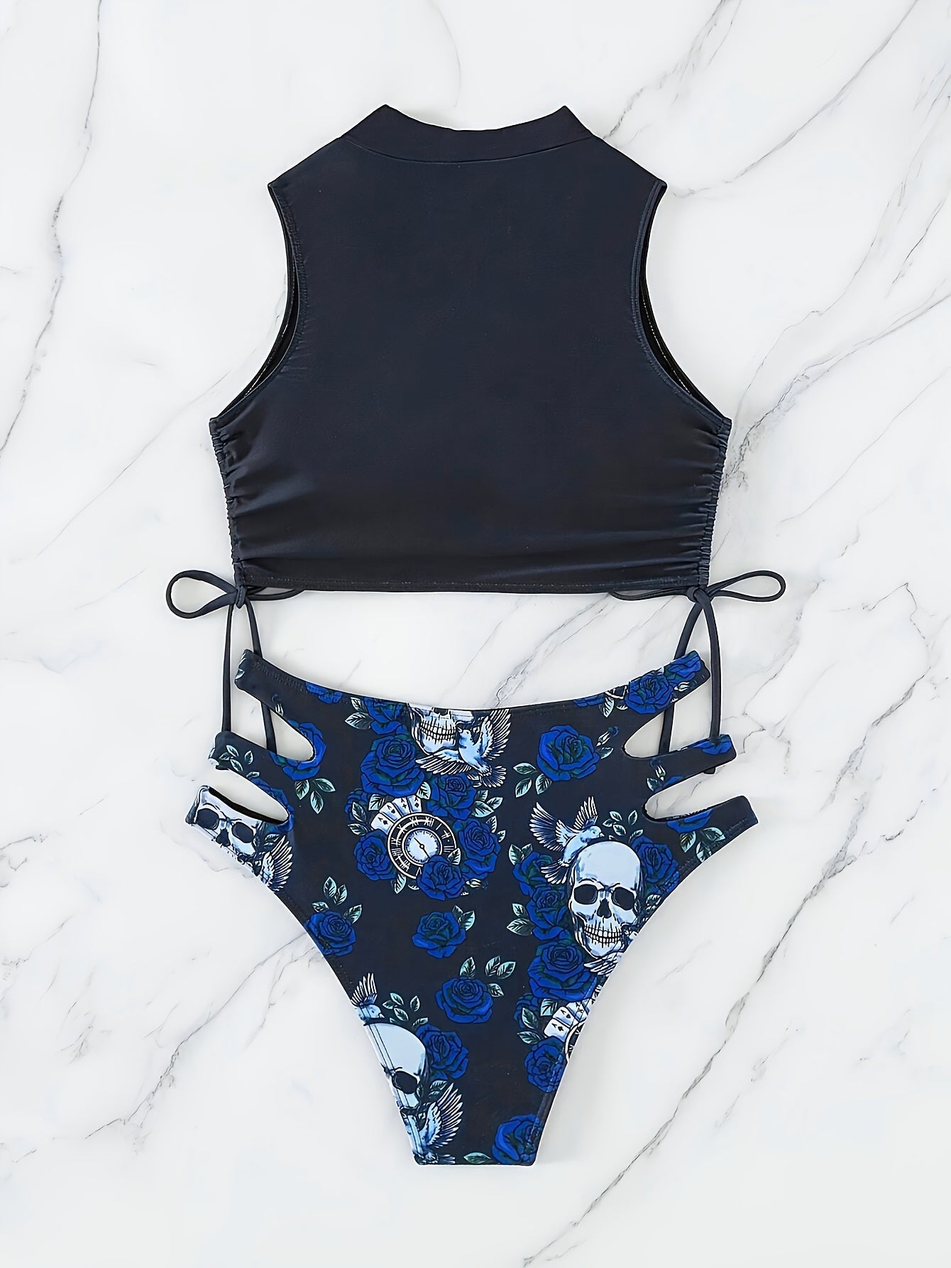 Maillot de Bain 2 Pièces Bikini Imprimé Tête de Mort Creux pour Femme – Maillot de Bain Nœud Papillon Floral Sexy à Lacets avec Col Rond – Ensemble Bikini Extensible Thème Halloween pour Fête à la Plage, Festival et Vacances d'Été