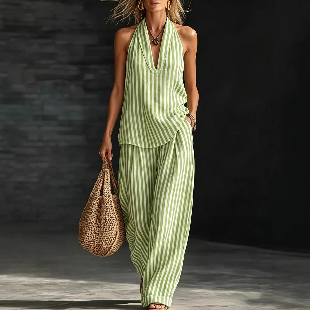 Ensemble Débardeur Rayé & Pantalon Large Femme – Tendance 2 Pièces