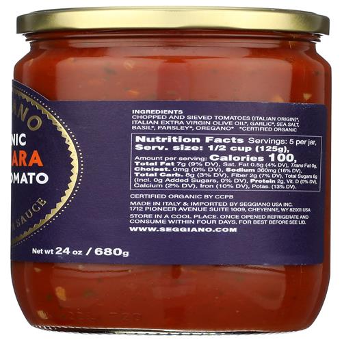 Sauce Marinara à l'ail biologique Seggiano, 24 oz