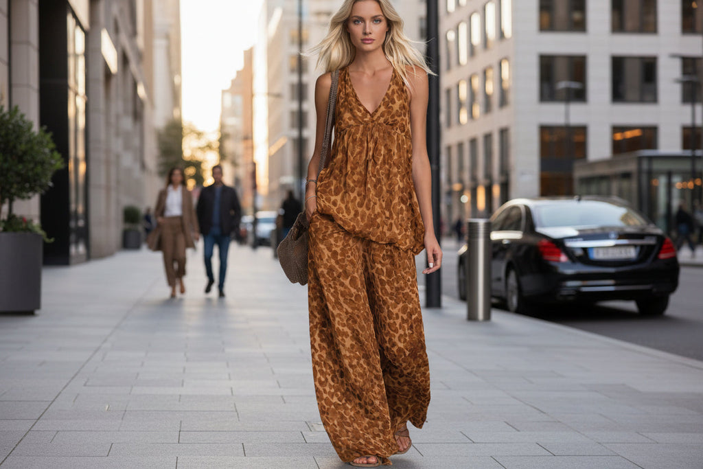 Ensemble Femme Top sans Manches Imprimé Léopard et Pantalon en Mousseline