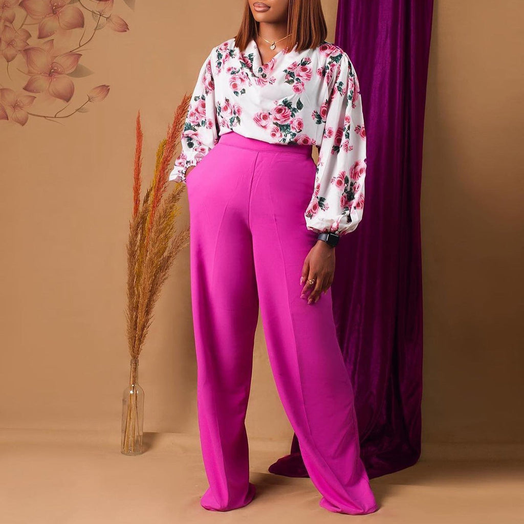 Ensemble Haut Lacé Imprimé Floral & Pantalon Large – 4 Couleurs, S–3XL