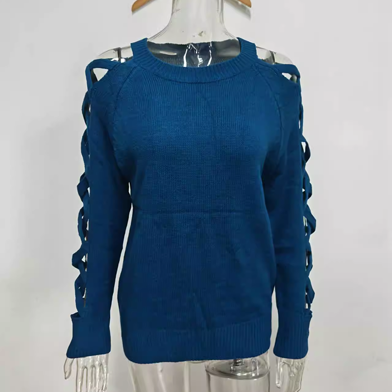 Pull décontracté à manches longues ajouré pour femme