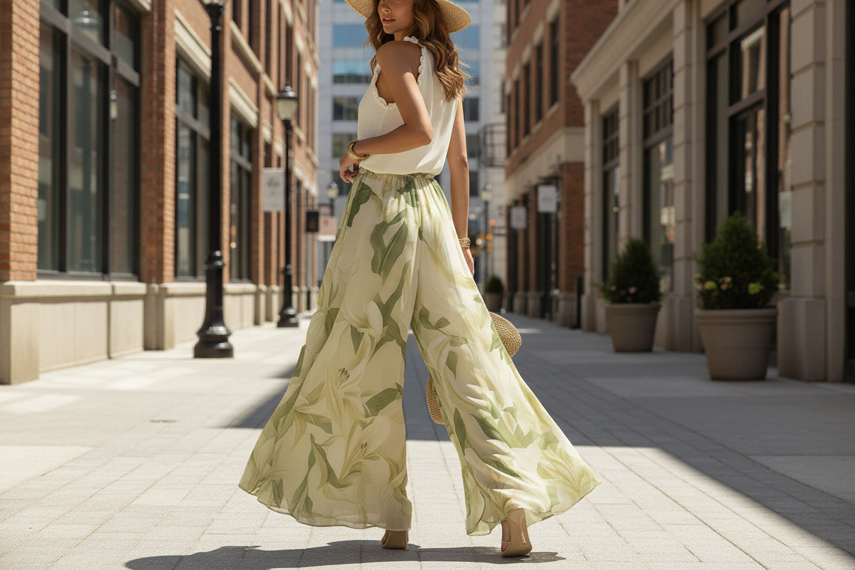 Robe longue imprimée à volants, taille ajustée – S–3XL