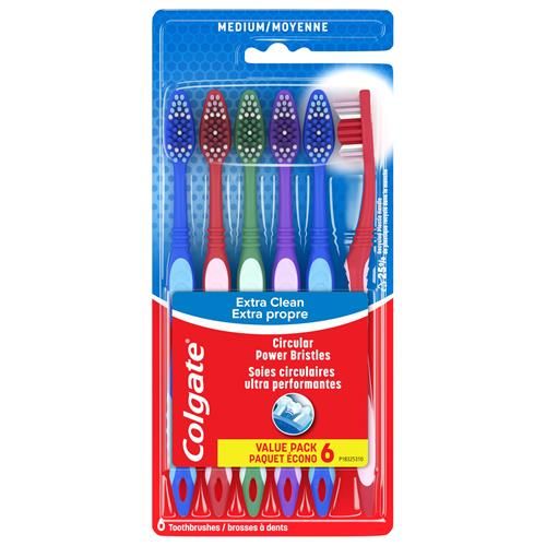 Brosse à dents Colgate Extra Clean, lot de brosses à dents à poils moyens, brosses à dents pour adultes à poils moyens avec manche ergonomique et brins circulaires, aide à éliminer les taches de surface, paquet de 6