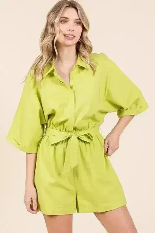 Combi-short noué à la taille - Combinaison en lin mélangé à manches mi-longues | Femstylo