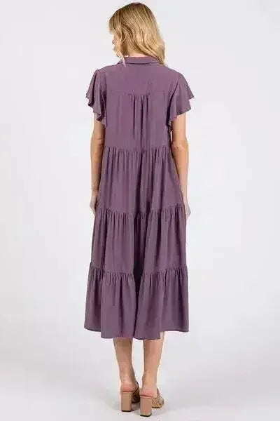 Robe midi à col et volants, coupe trapèze et décolleté en V – femstylo