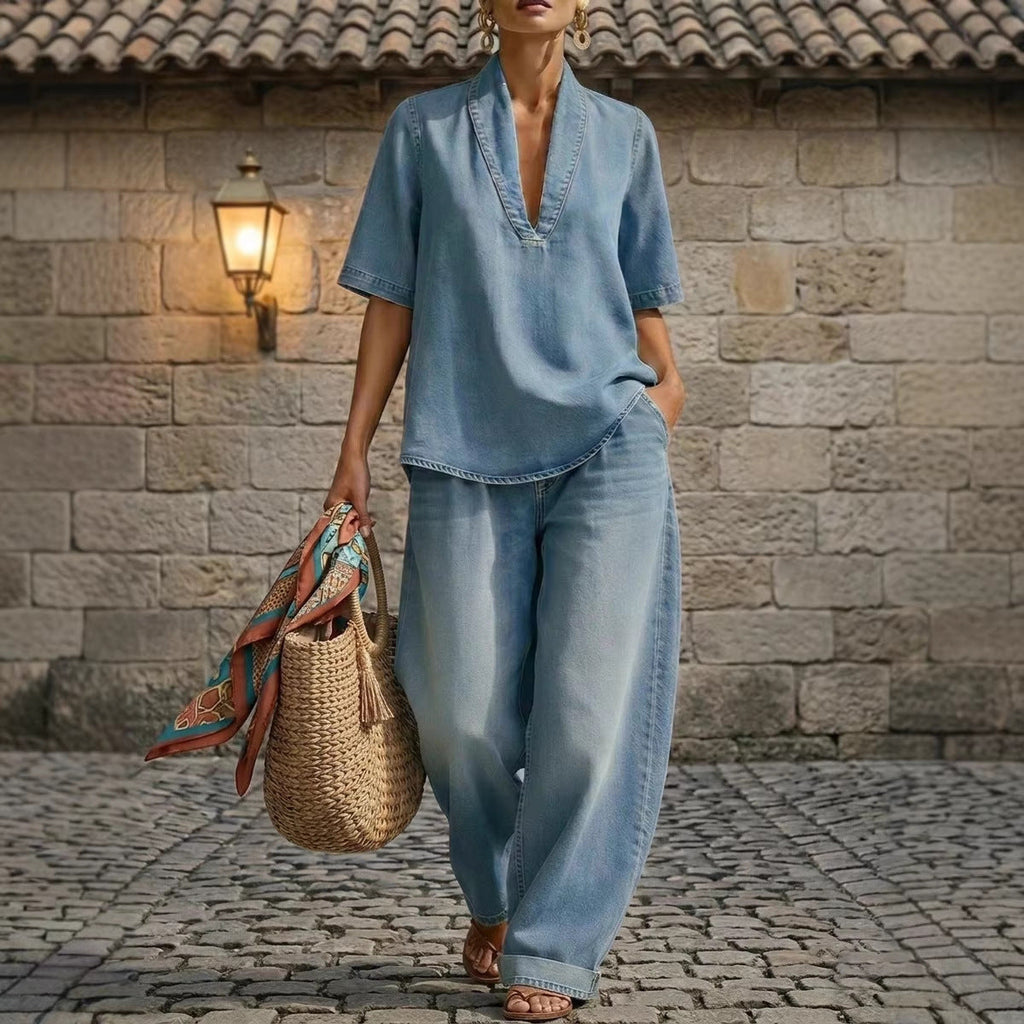 Ensemble haut col en V et pantalon large en jean délavé style rétro – 3 coloris, du S au 3XL