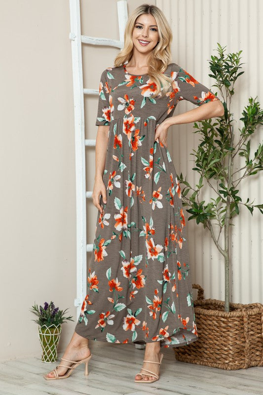 Robe longue T-shirt fleurie à col rond et manches courtes – Robe longue fleurie décontractée et confortable avec coupe ample et manches courtes