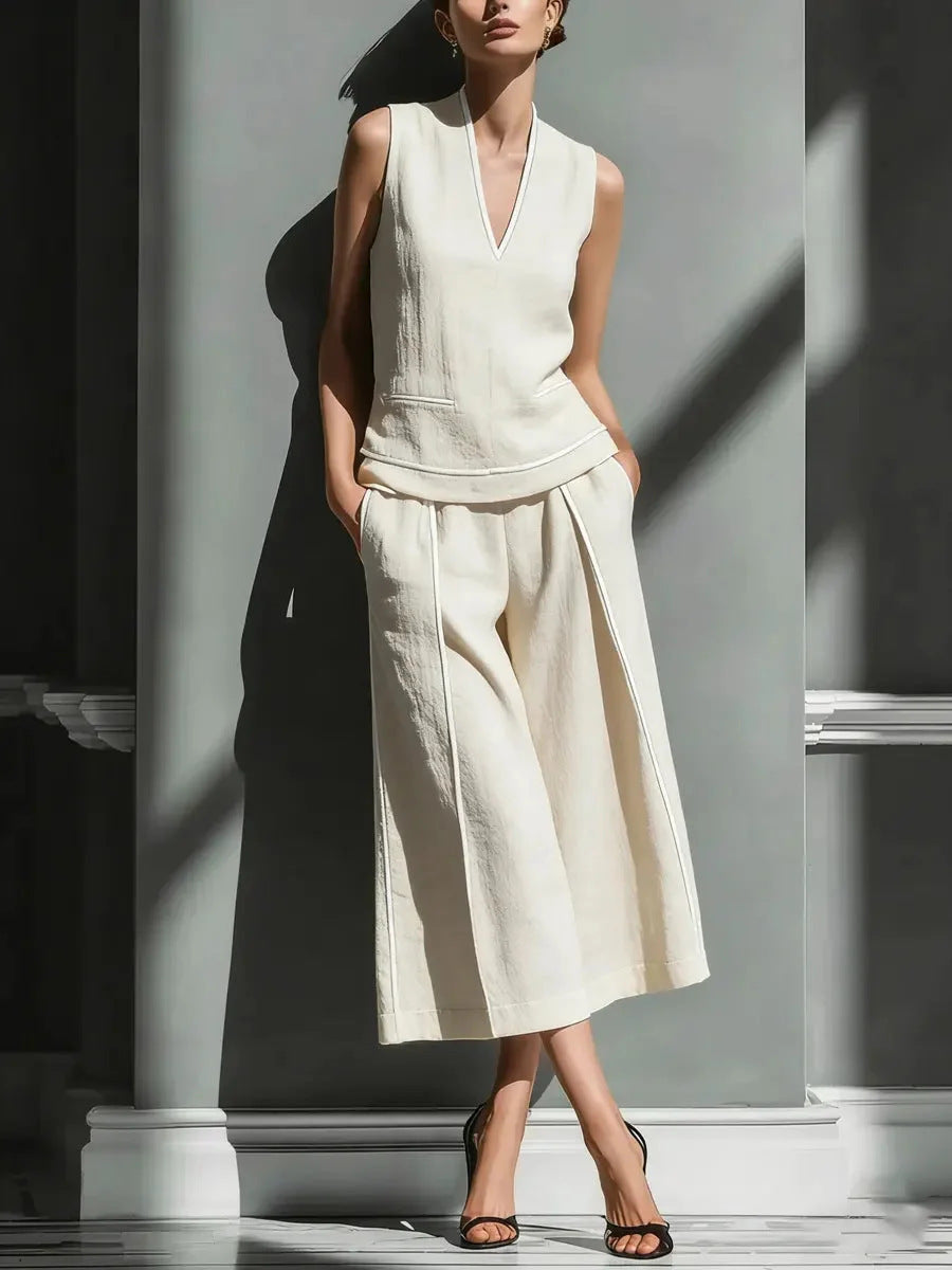Ensemble chemise sans manches en lin et pantalon court pour femme – Tenue décontractée 2 pièces