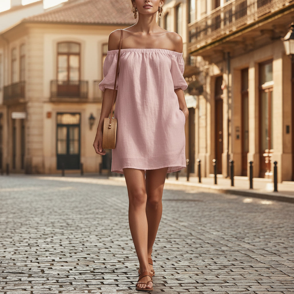 Robe trapèze courte femme en coton et lin à épaules dénudées et manches bouffantes