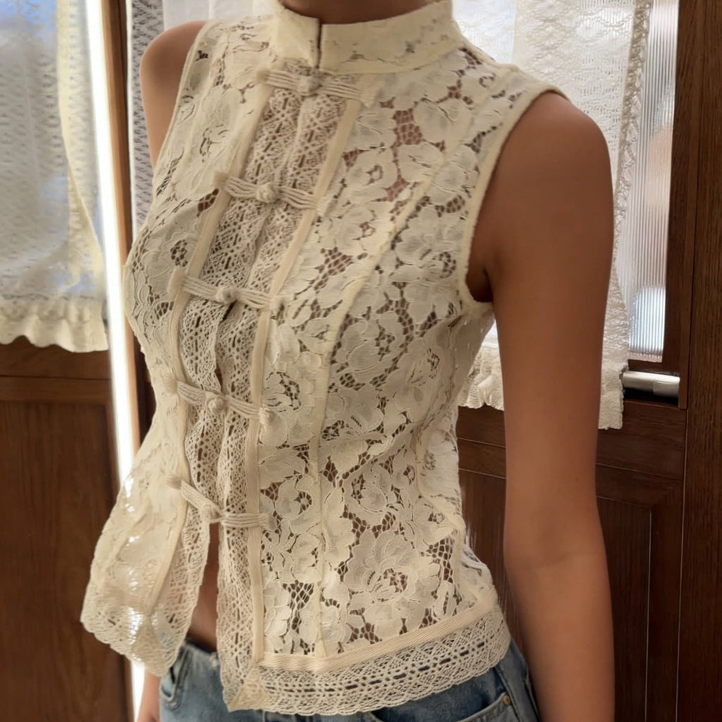 Haut sans manches en crochet et dentelle à col montant, coupe ajustée – 3 couleurs, tailles S-L