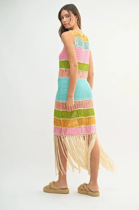 Robe Femme Tricotée au Crochet Franges Multicolores – Robe Tricotée au Crochet, Robe à Franges, Robe Multicolore, Robe Tricotée Bohème, Robe de Festival