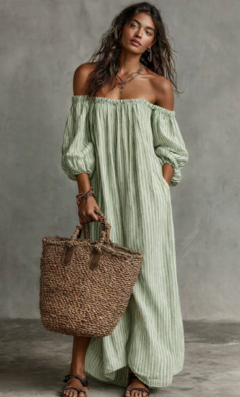 Robe longue femme à épaules dénudées et manches longues