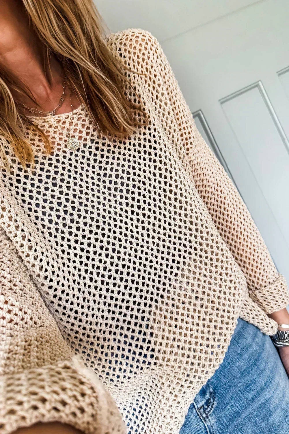 Smoke Gray Crochet Hollow-out Knit Sweater