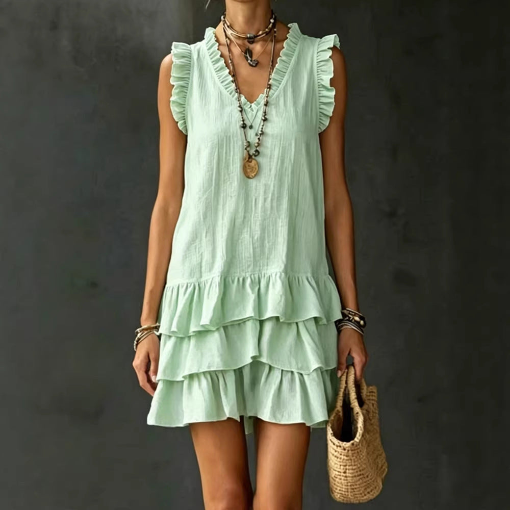 Robe midi sans manches à volants et encolure en V – 4 couleurs, du S au XXL