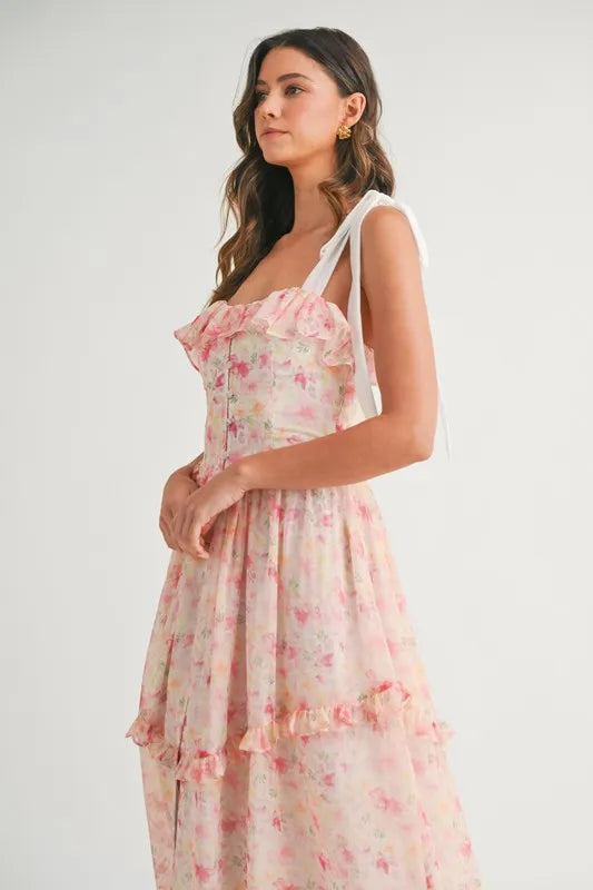 Robe Midi Imprimé Floral à Bretelles Pour Femme – Robe Midi Fleurie, Robe à Bretelles, Robe Midi Volants, Robe Fleurie Féminine, Robe de Soirée Élégante