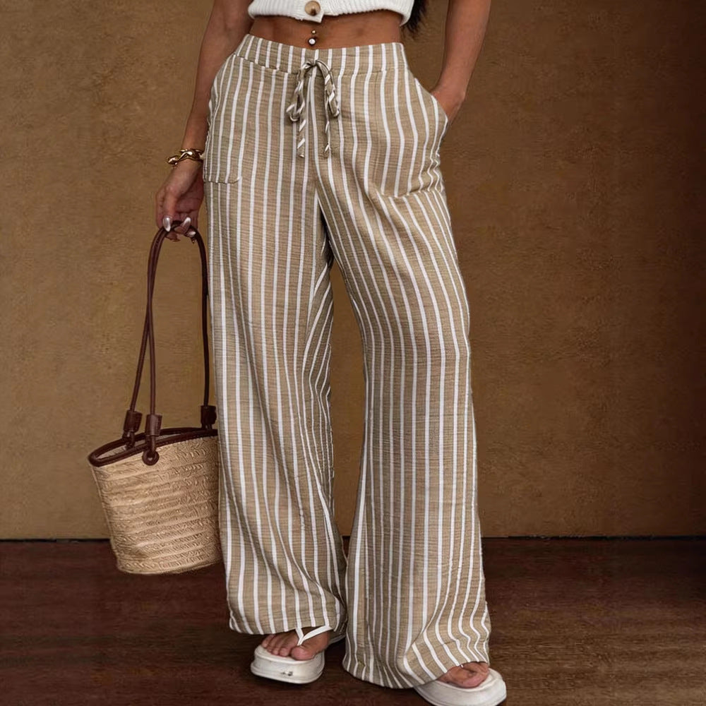 Pantalon large rayé pour femme – Taille élastique à lacets coupe ample