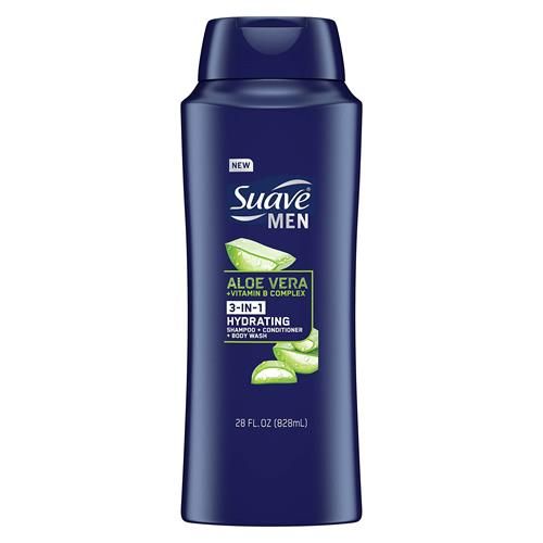 Shampooing, après-shampooing, gel douche 3 en 1 Suave Men pour cheveux et peau hydratés Aloès + Vitamine B7 828 ml