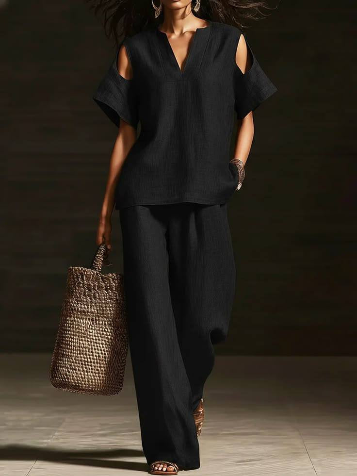 Ensemble haut à manches courtes col en V et pantalon droit – Détails déchirés, poches, couleur unie
