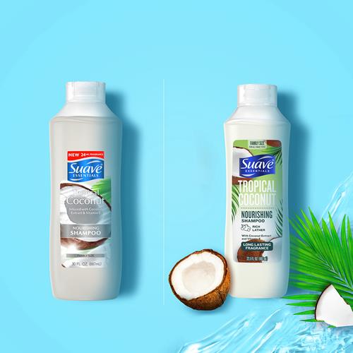 Shampooing Nourrissant Suave Essentials, enrichi en extrait de noix de coco et en vitamine E, shampooing à la noix de coco tropicale au parfum longue durée 665 ml