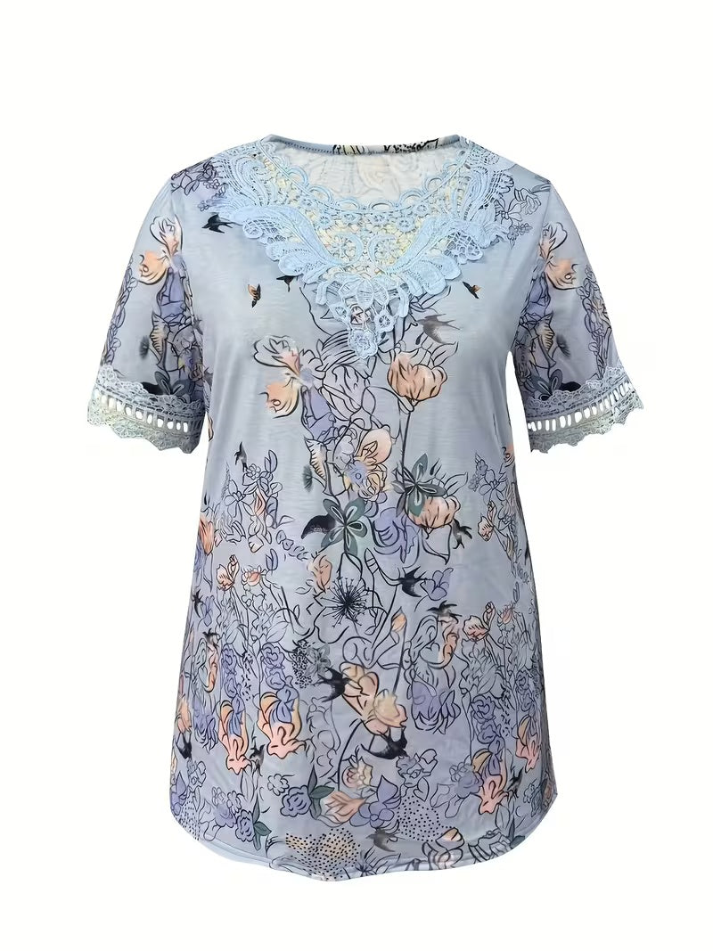 Haut grande taille à imprimé floral et dentelle – Blouse élégante à col en V et manches courtes pour femmes