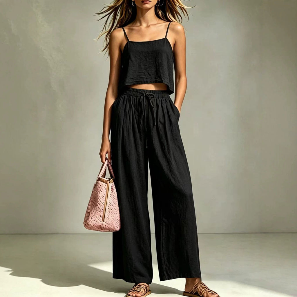 Ensemble deux pièces caraco et pantalon ample pour femme – Été décontracté