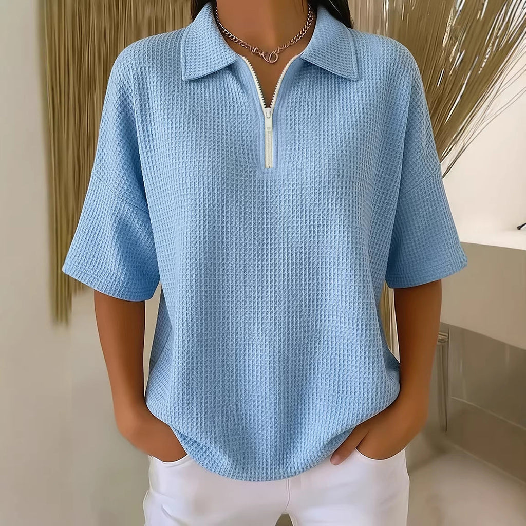 Haut en tricot gaufré à demi-zip et épaules tombantes – Pull à manches 3/4