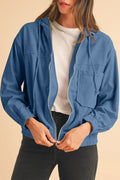 Veste à capuche zippée en velours côtelé bleu sarcelle véritable – Femstylo