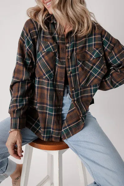 Veste intemporelle pour femme à carreaux boutonnée à manches longues – Vêtement d'extérieur léger et élégant en mélange de coton
