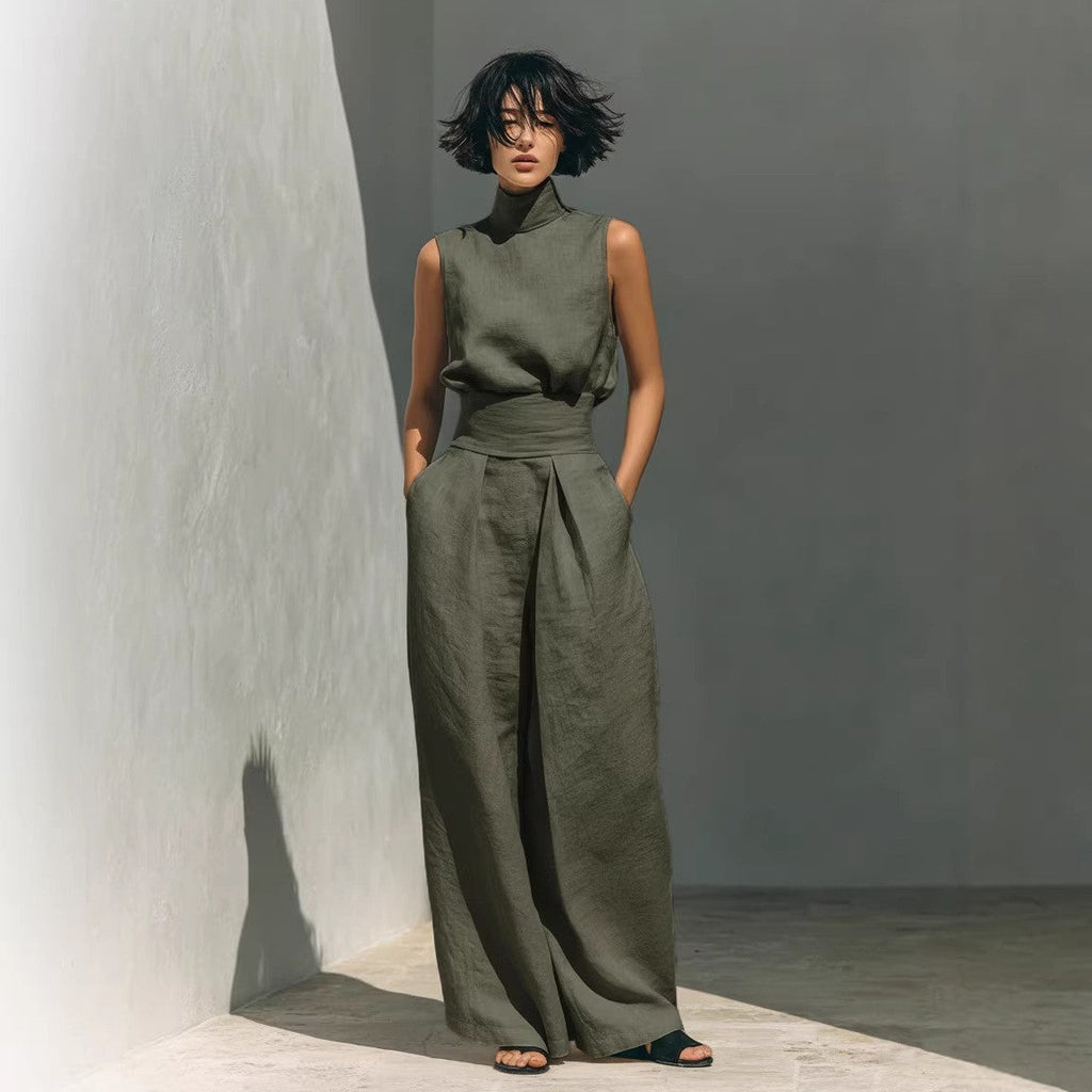 Ensemble deux pièces en coton et lin pour femme – Haut sans manches et pantalon large