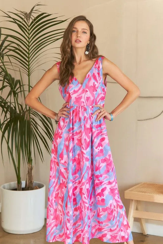 Nouvelle Robe Longue Fleurie Abstraite Col V d'Été – Imprimé Artistique, Silhouette Flatteuse, Glamour Sophistiqué