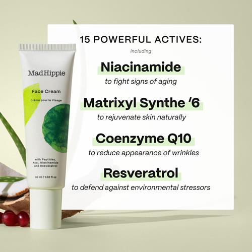 Mad Hippie Crème Visage – Hydratant Anti-âge & Crème Raffermissante pour la Peau au Niacinamide, Peptides Avancés & Huile d'Argan 30 ml
