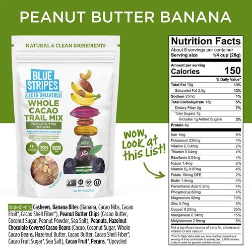 Mélange montagnard Blue Stripes au beurre de cacahuètes, banane et cacao entier, 227 g