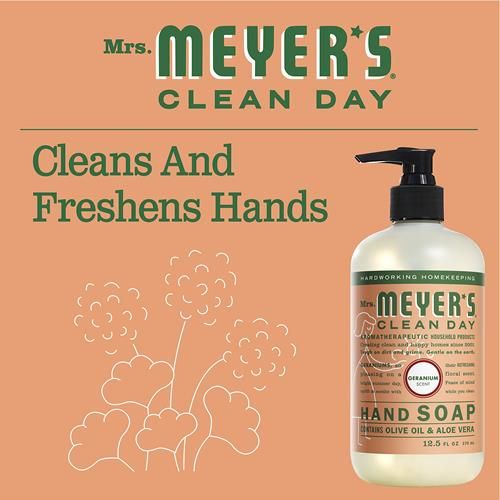 Savon pour les mains Mrs. Meyers Clean Day, formulé aux huiles essentielles, formule biodégradable, géranium, 370 ml