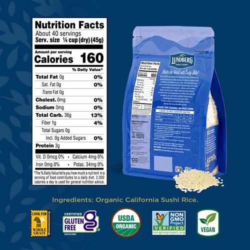 Riz à Sushi Biologique Lundberg, Grains Courts Collants de Type Japonais Cultivés en Californie, 64 oz